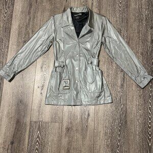 VOICE Women's Rain Jacket Button Up Belted Coat Silver Size S Small